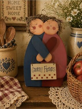 Vintage 90s Country Friends Folk Art Wooden Figurine - Blue & Red